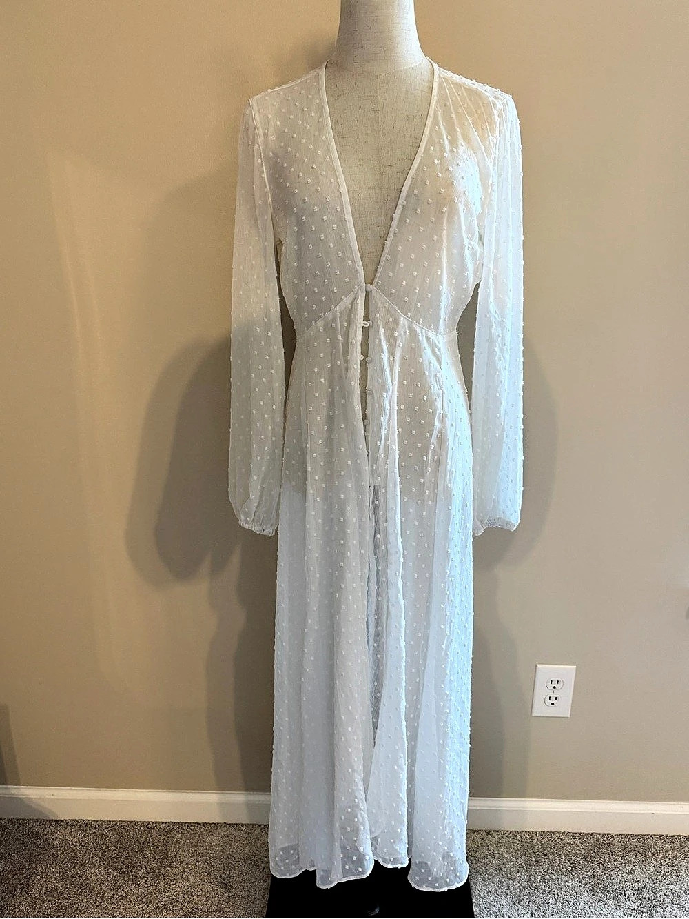 Express x Rocky Barnes Swiss Dot Sheer Button Front Kimono Duster in White